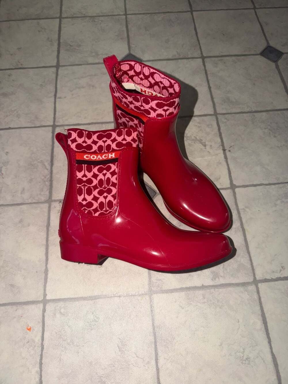 Coach Rivington Red Candy Apple Rain Booties Ankle Boots Shoes Flats 7 New